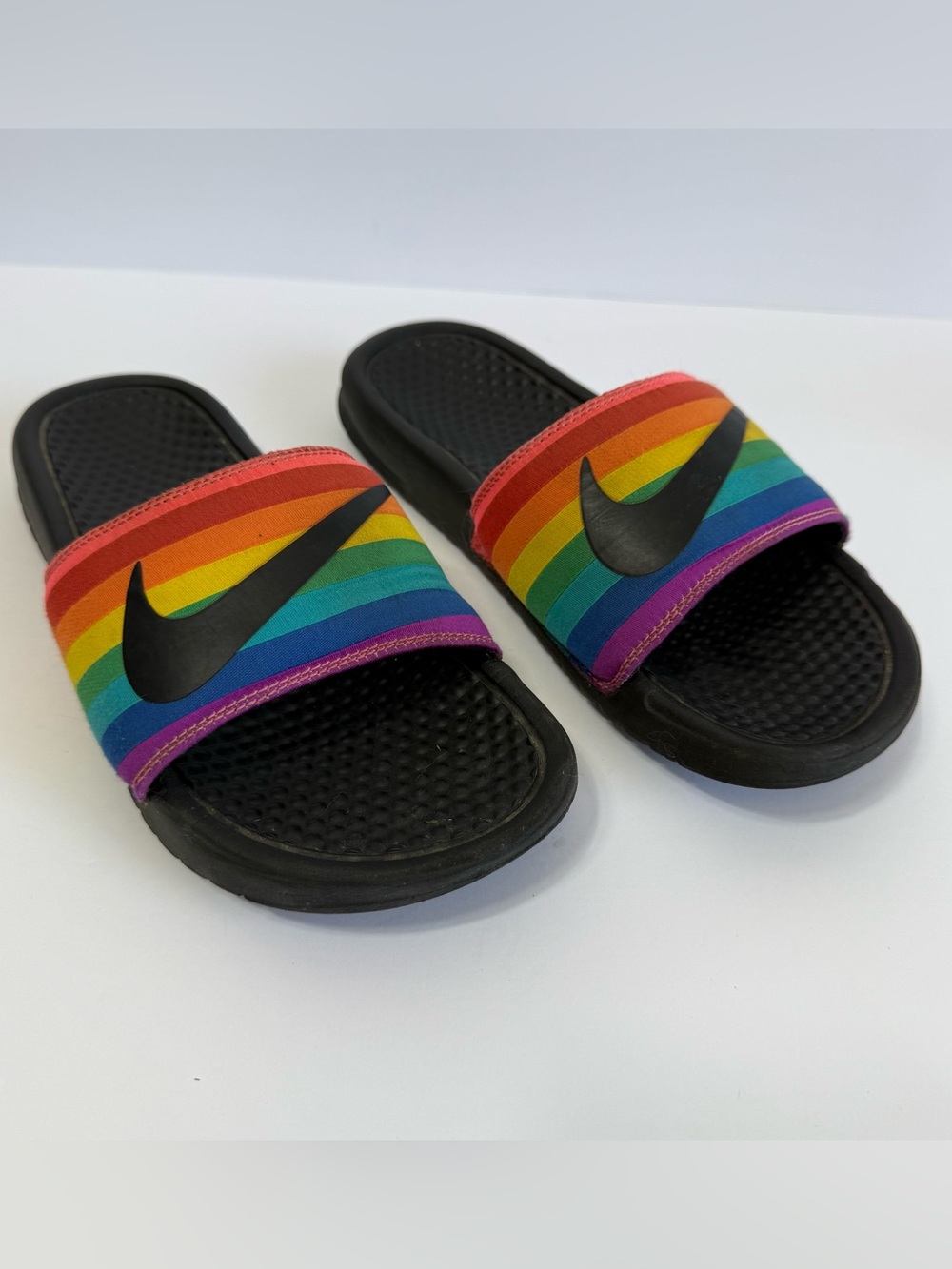 Nike Benassi JDI Be True Pride Rainbow Slides Gilbert Baker Edition